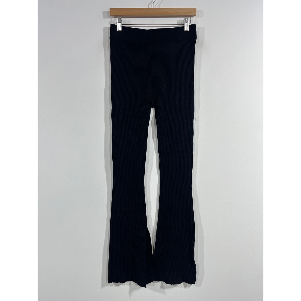 Le Ore Sporty Athleisure Black Ribbed Knit Flare Pants High Rise Womens Medium